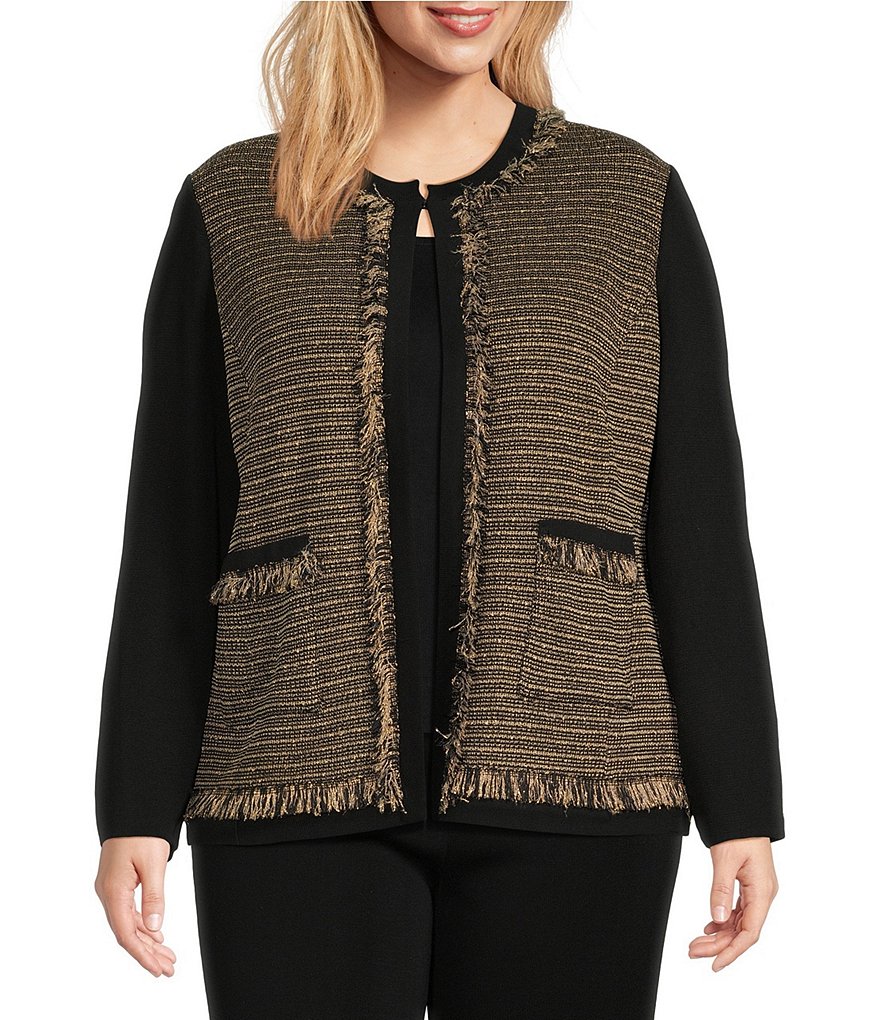 Ming Wang Plus Size Lurex Textured Tweed Knit Striped Round Neck Long Sleeve Contrasting Trim 3887