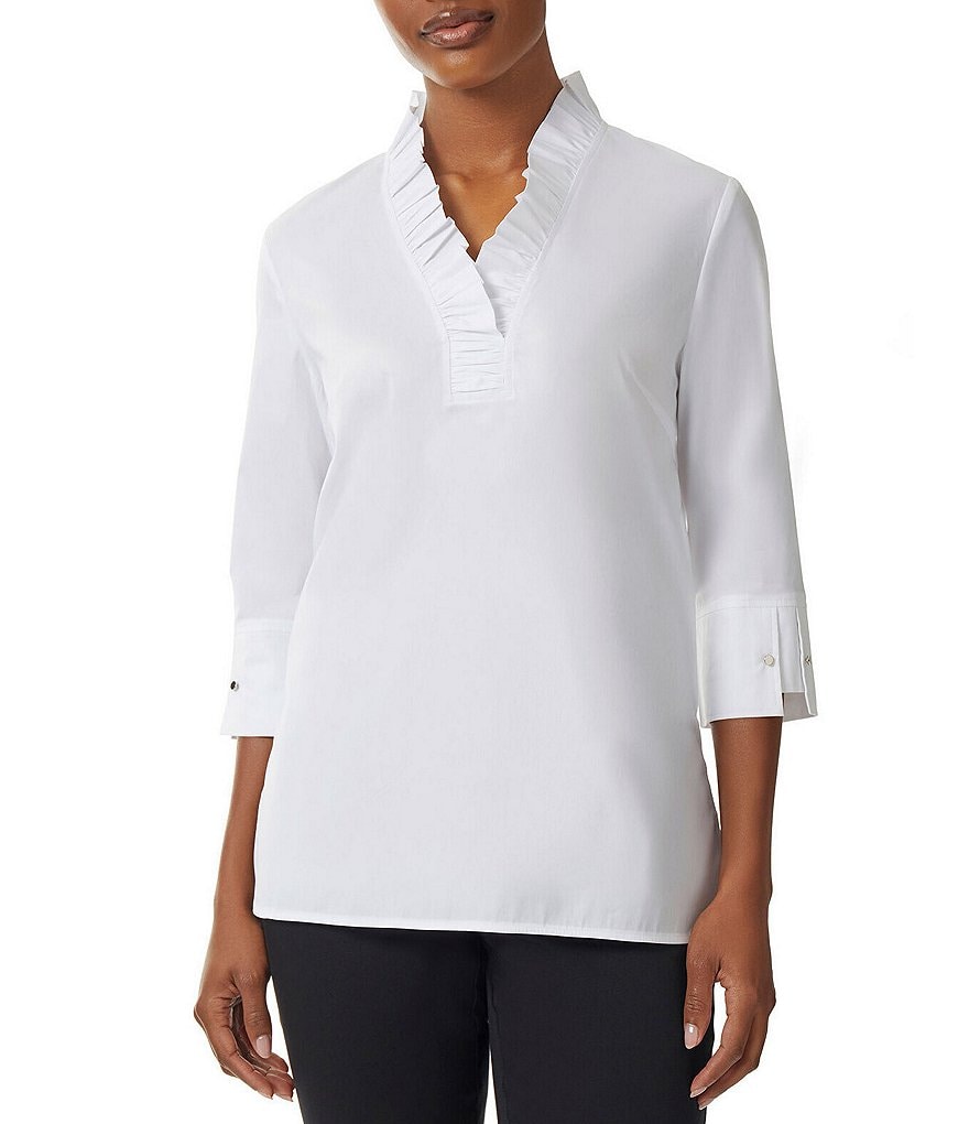 Ming Wang Stretch Cotton Poplin Ruffle Trim V-Neck 3/4 Sleeve Blouse ...