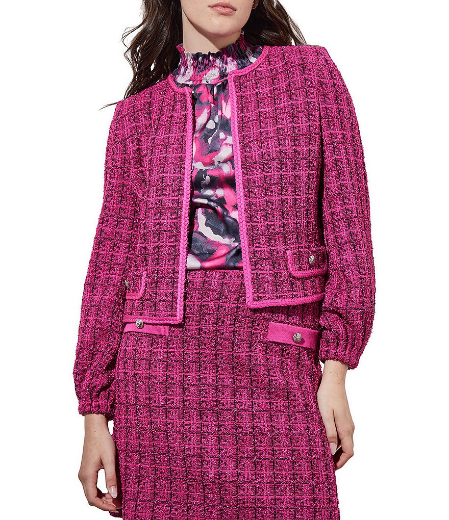 Ming Wang Tweed Knit Printed Crew Neck Long Sleeve Contrast Trim Jacket ...