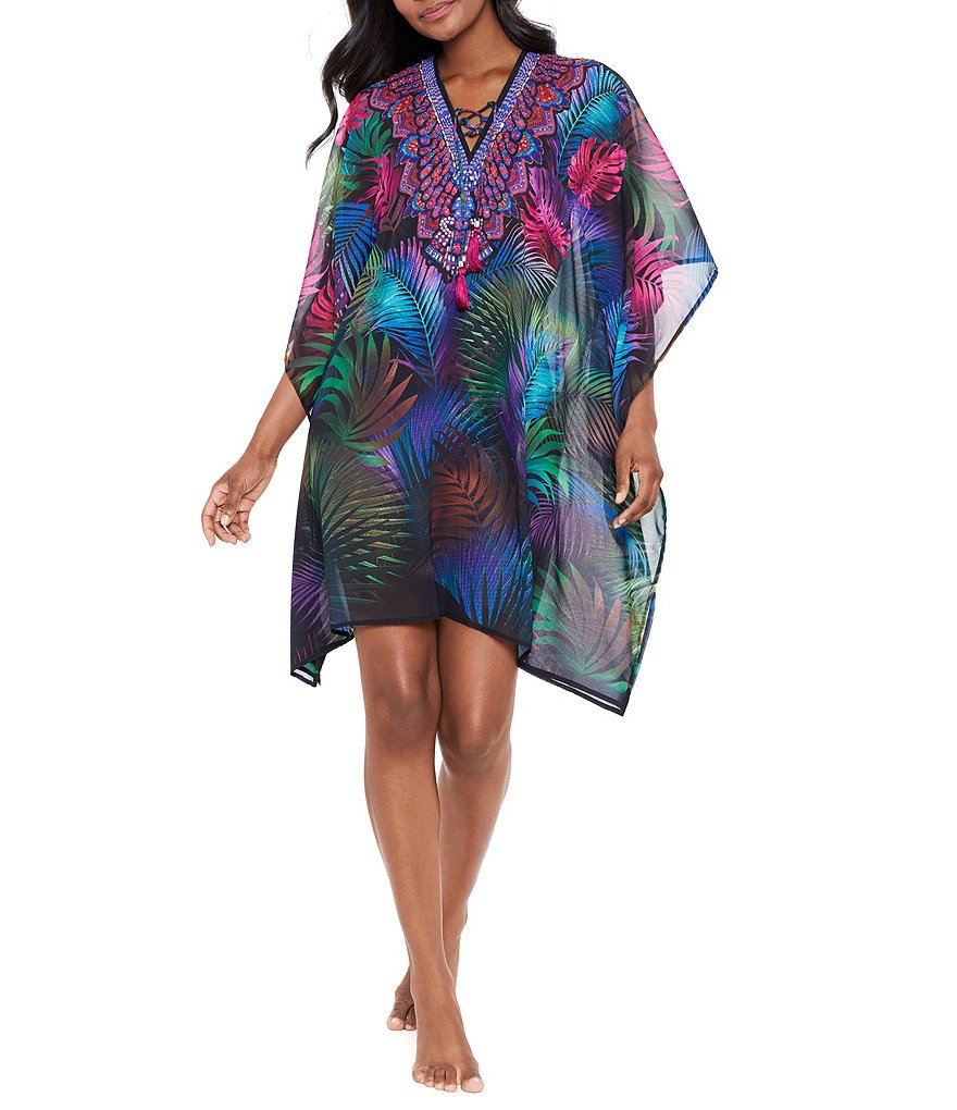 Miraclesuit Pixel Palmas Embellished Printed V Neck Flutter Sleeve