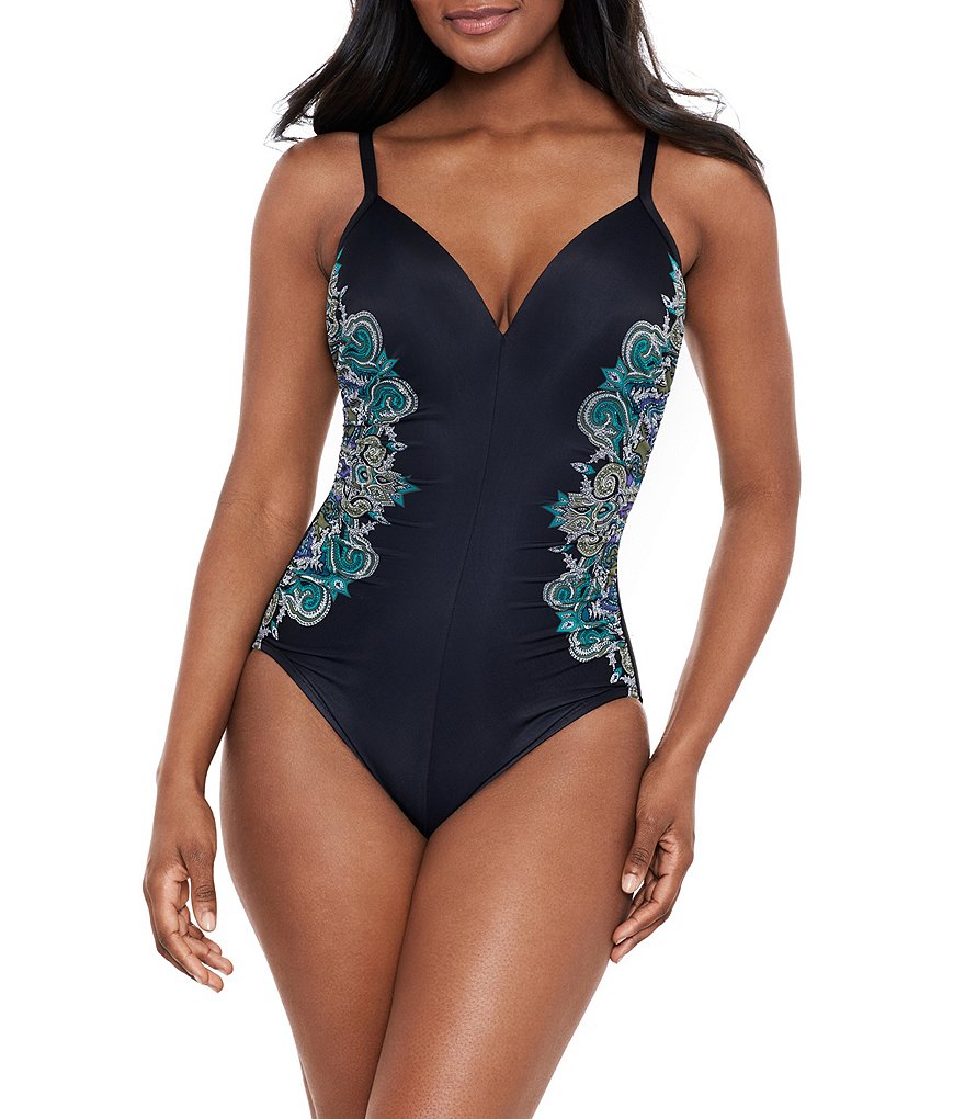 Miraclesuit Precioso Temptation Printed V-Neck Shirred Underwire Shaping  One Piece Swimsuit