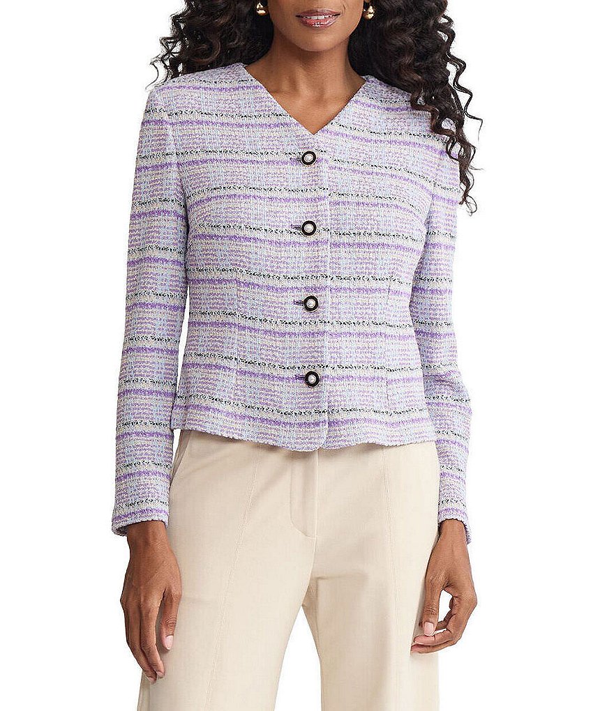 MISOOK Plaid Tweed Knit V-Neck Long Sleeve Button Front Jacket