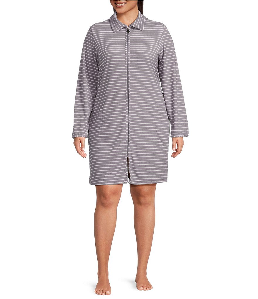 Miss Elaine Plus Size Striped Stretch Terry Short Zipper Robe | Dillard's