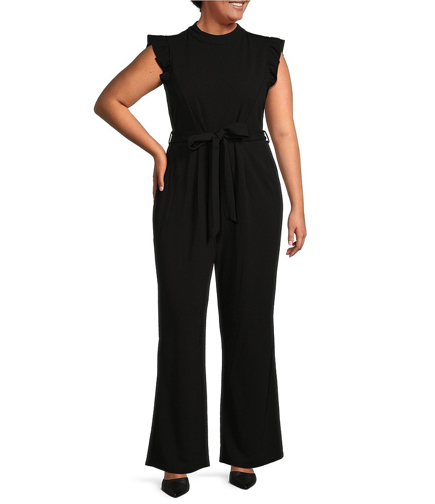 Moa Moa Plus Size Flutter Sleeve Mock Neck Belted Jumpsuit | Dillard's