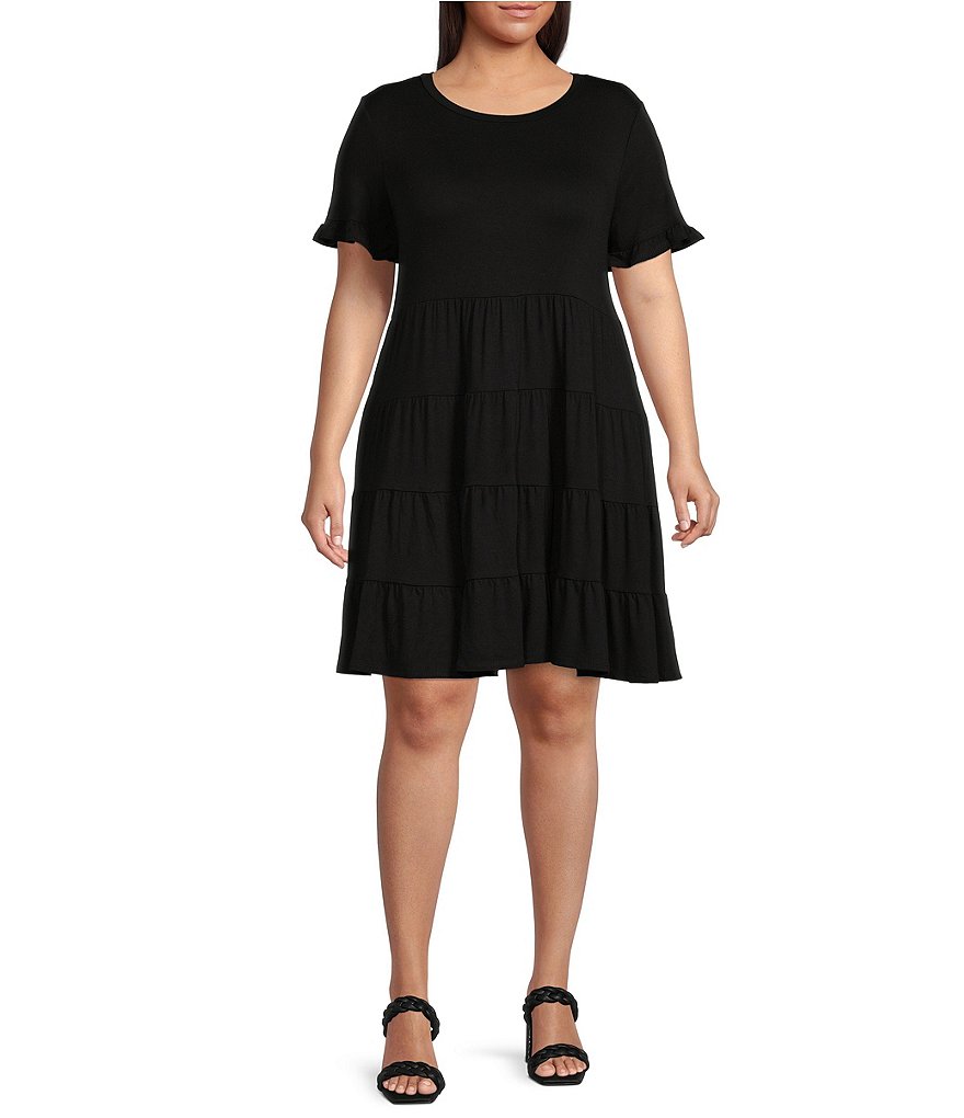 Moa Moa Plus Size Round Neck Short Flutter Sleeve Tiered Dress | Dillard's