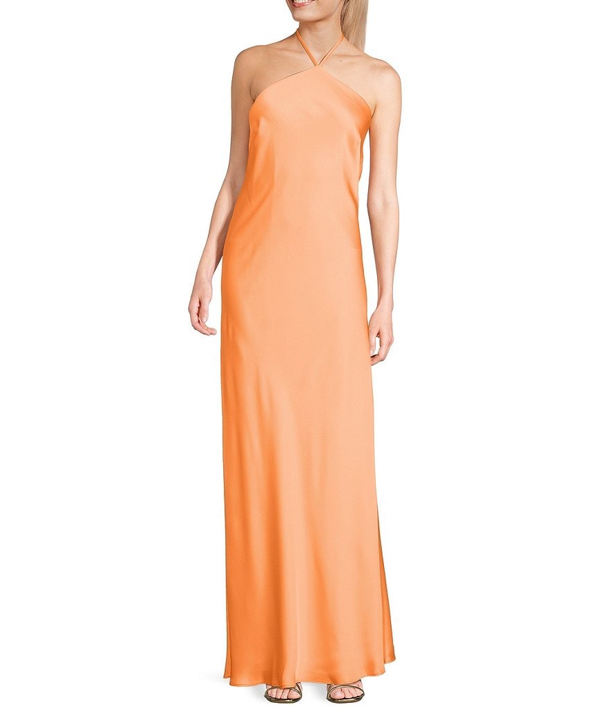 Morgan & Co. Satin Halter Neck Long Dress | Dillard's