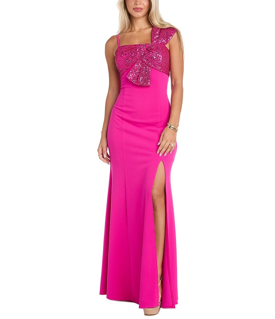 Morgan & Co. Sequin Scuba Crepe One Shoulder Side Bow Long