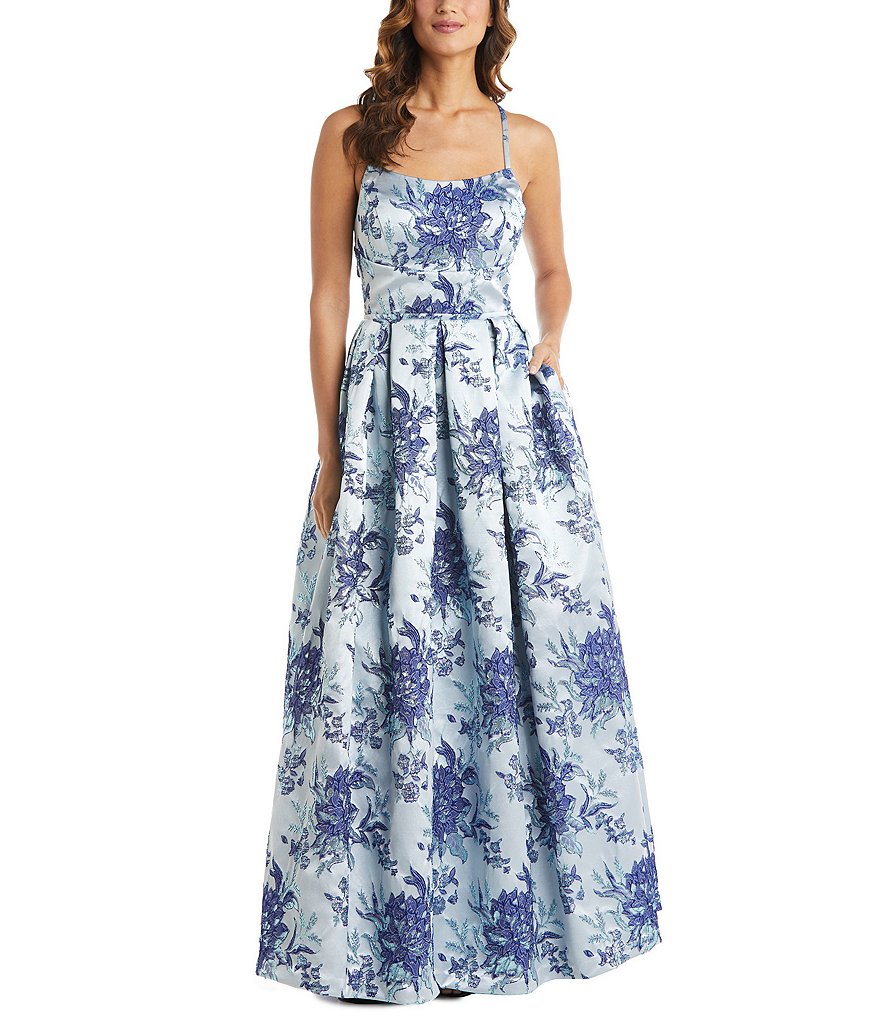 Morgan & Co. Sleeveless Long Brocade Box Pleat Ball Gown | Dillard's