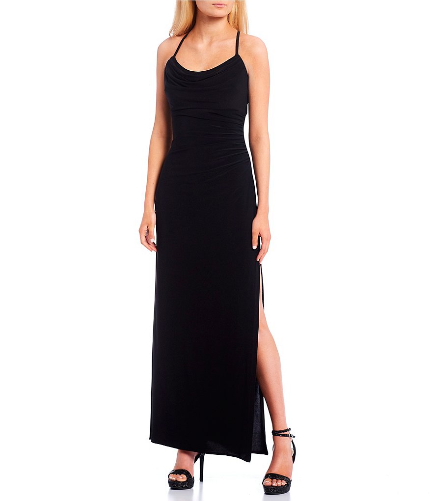 Morgan & Co.Spaghetti Strap Cowl Neck X-Back ITY Slit Long Dress