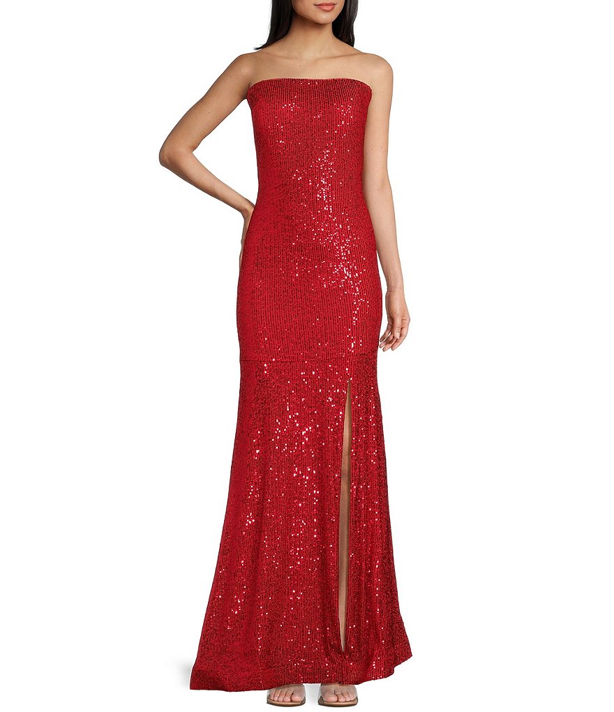 Morgan & Co. Spaghetti Strap Square Neck Sequin Long Dress