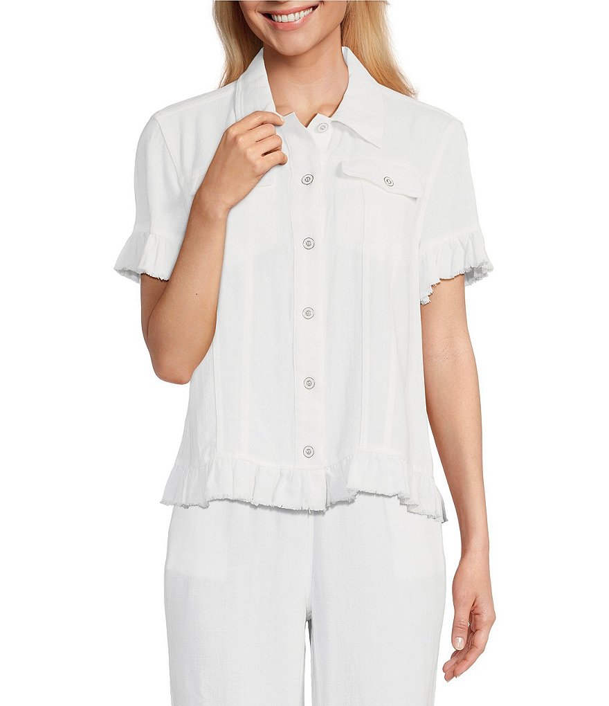 Petite✿＊＊＊ Multiples Petite Size Textured Slub Woven Point Collar Short