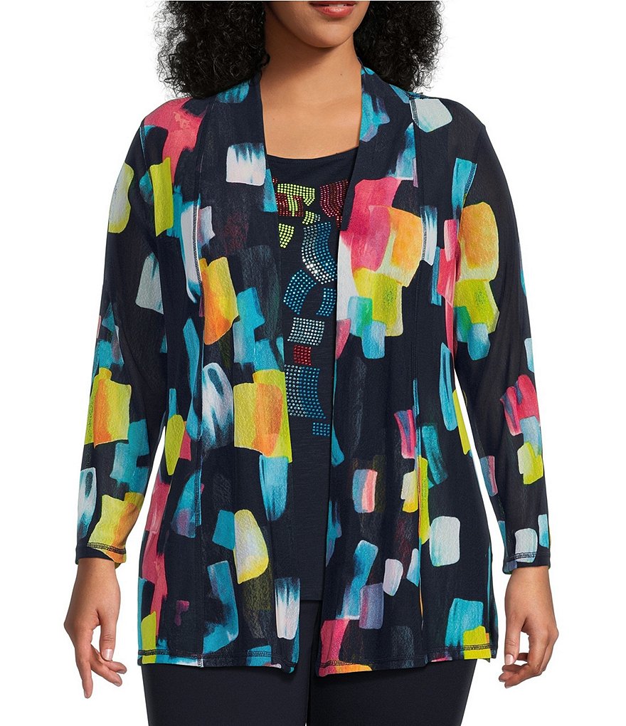 Multiples Plus Size Abstract Geo Print Onionskin Shawl Collar 3/4 Sleeve  Cardigan