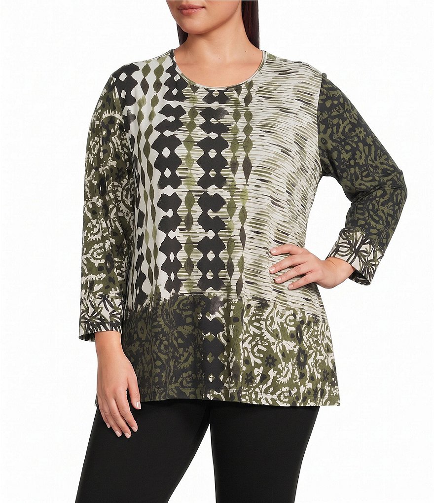 Plus Size Knit Printed Crew Neck 3/4 Sleeve Top