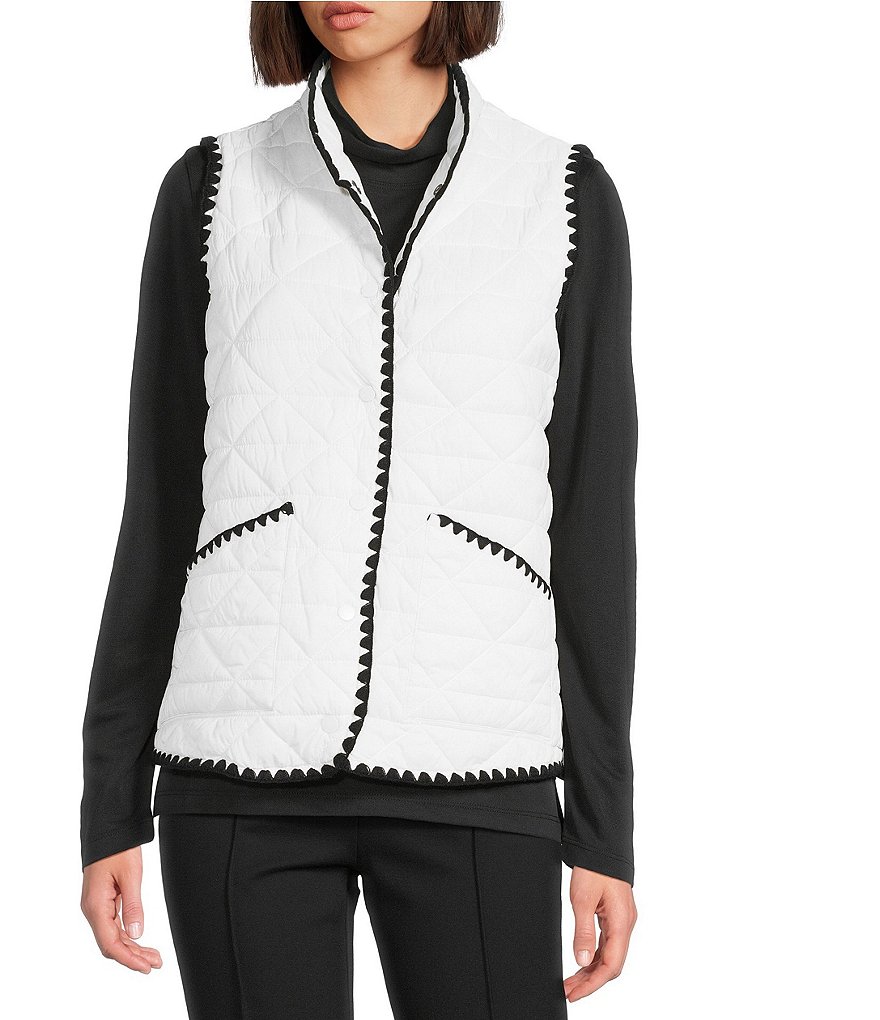 Multiples Quilted Woven Stand Collar Sleeveless Fitted Vest