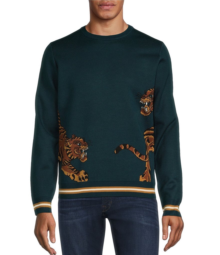 Gucci Crewneck Sweater W/tiger Intarsia, Green