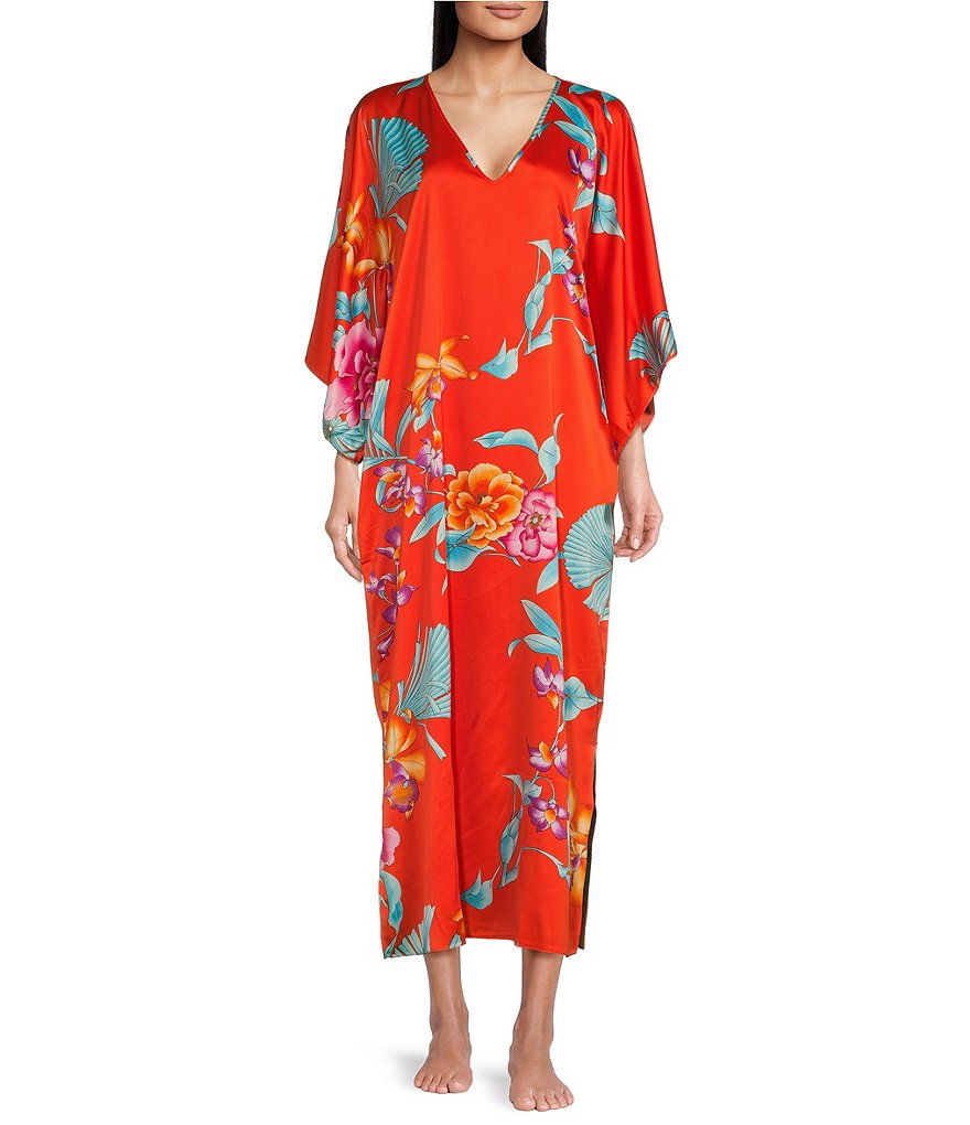 N By Natori Satin Floral Print V-Neck Butterfly Caftan | Dillard's