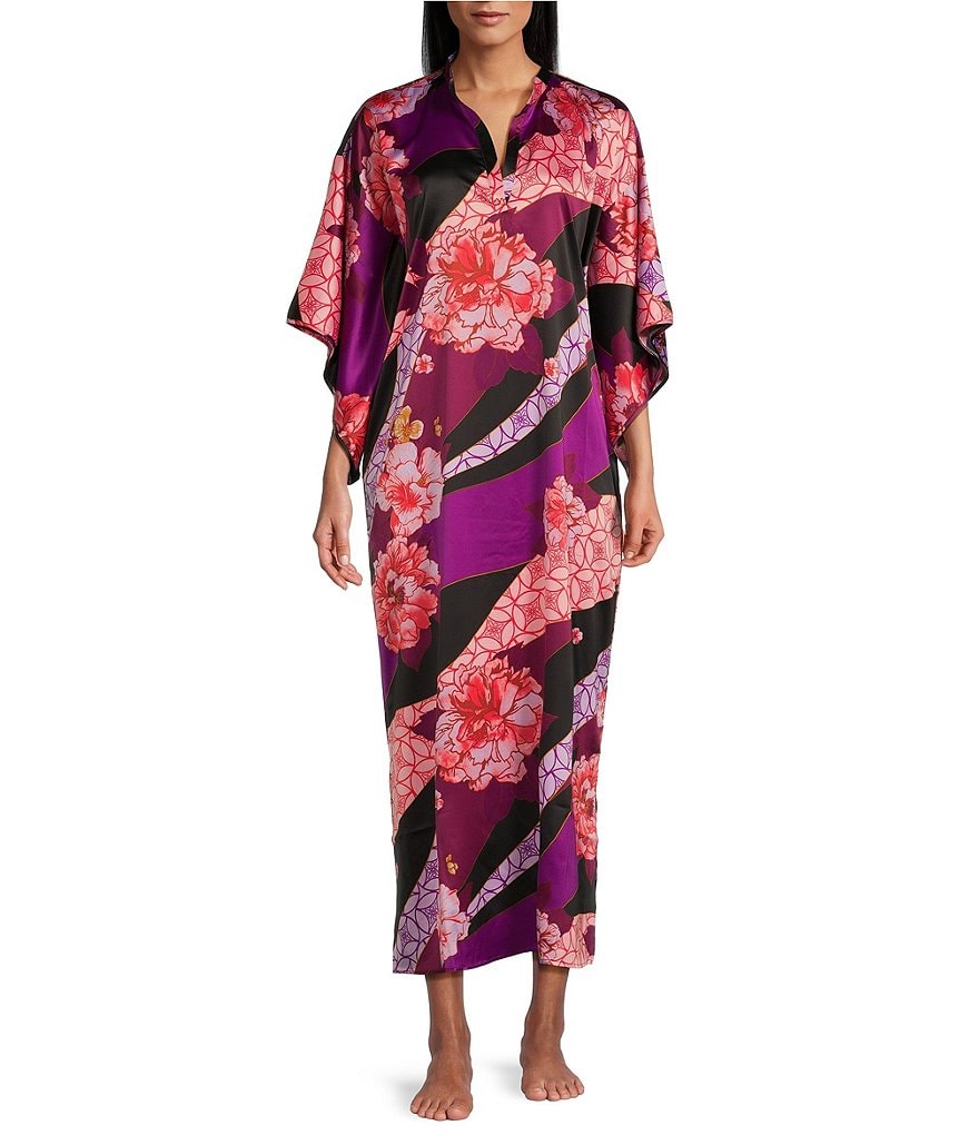 N by Natori Satin Floral Tapestry Mandarin Collar Butterfly Caftan ...