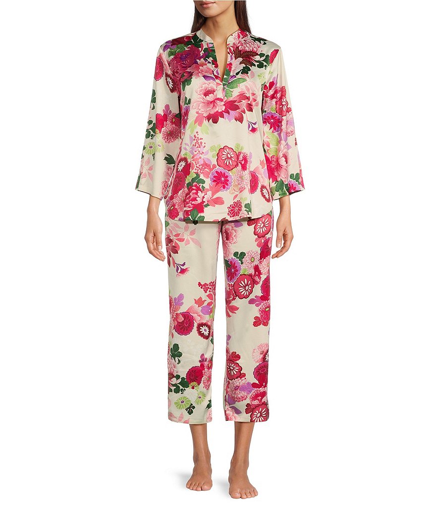 N By Natori Sofia Satin Floral Long Sleeve Mandarin V-Neck Coordinating ...