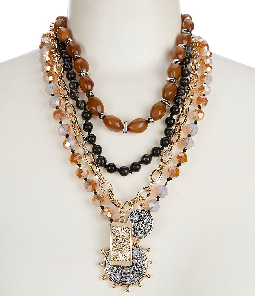 Natasha Accessories Multi Row Bead Charm Short Multi Strand Necklace