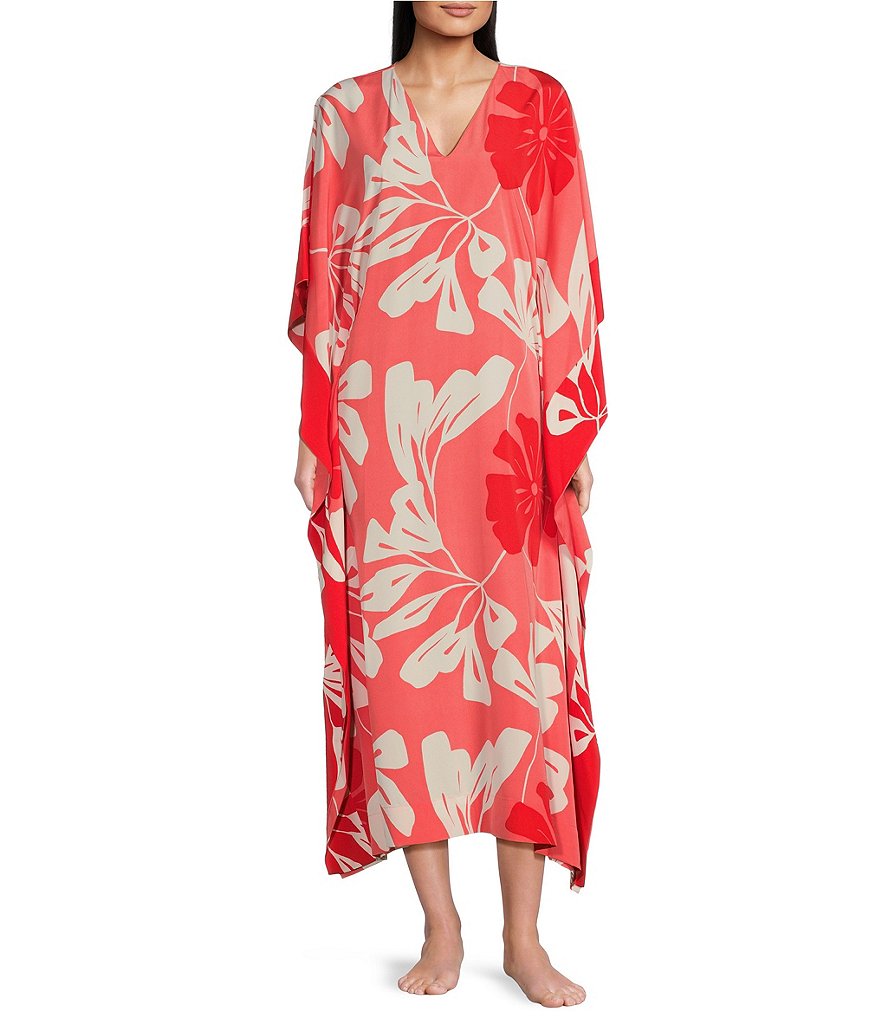 Natori Short Sleeve V Neck Satin Floral Print Caftan Dillard s