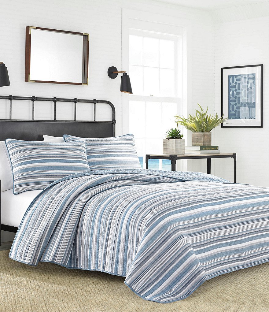 Nautica Jettison White Anchor Reversible Blue Striped Quilt Mini Set ...