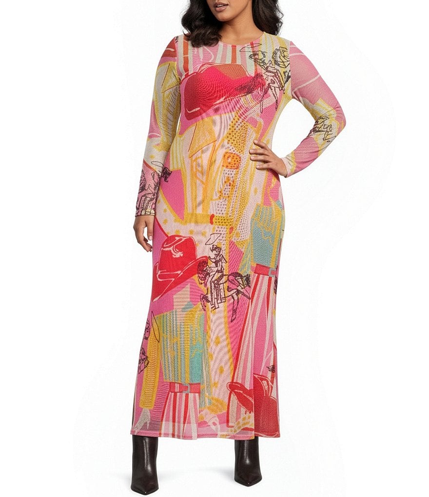 Never Fully Dressed Plus Size Dallas Western Motif Print Crew Neck Long Sleeve Mesh Maxi Dress | Dillard's Never Fully Dressed Plus Size Dallas Western Motif Print Crew Neck Long Sleeve Mesh Maxi Dress | Dillard's