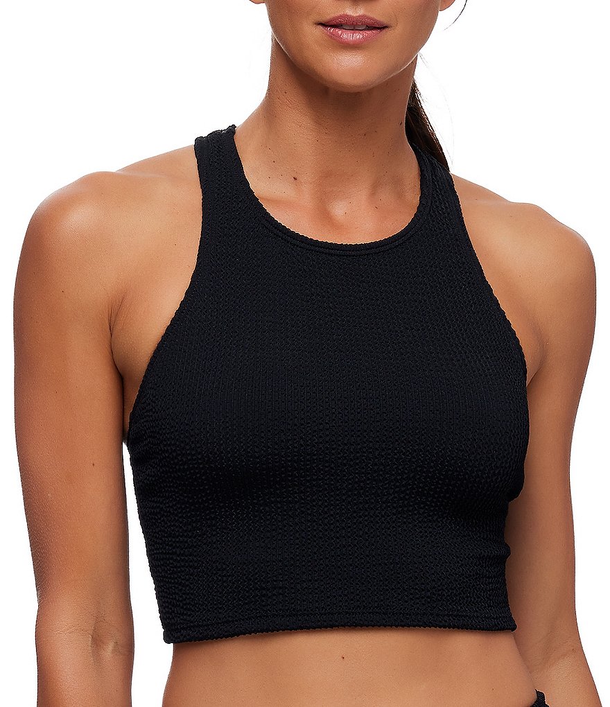 Next by Athena Good Karma Just Right Solid Crinkle Textured Scoop Neck Sports  Bra Swim Top & Never Tight High Leg Bottom