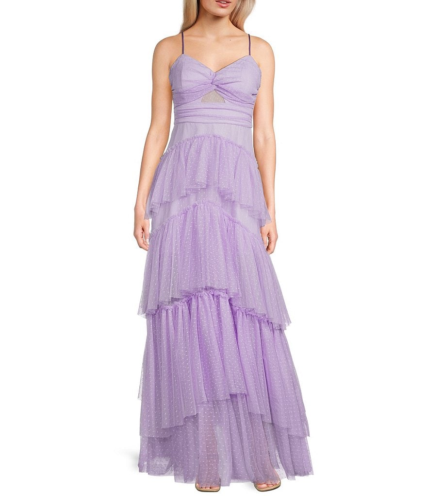 Next Up Solid Dot Mesh Sweetheart Neck Twist Front
