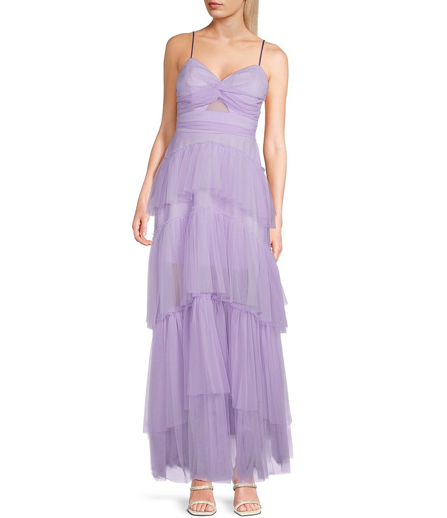 Next Up Twist Front Cut-Out Tiered Tulle Long Dress | Dillard's