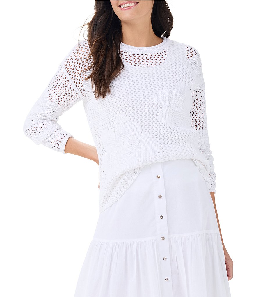 NIC + ZOE Crochet Bloom Round Neck Long Sleeve Dropped Shoulder Sweater ...