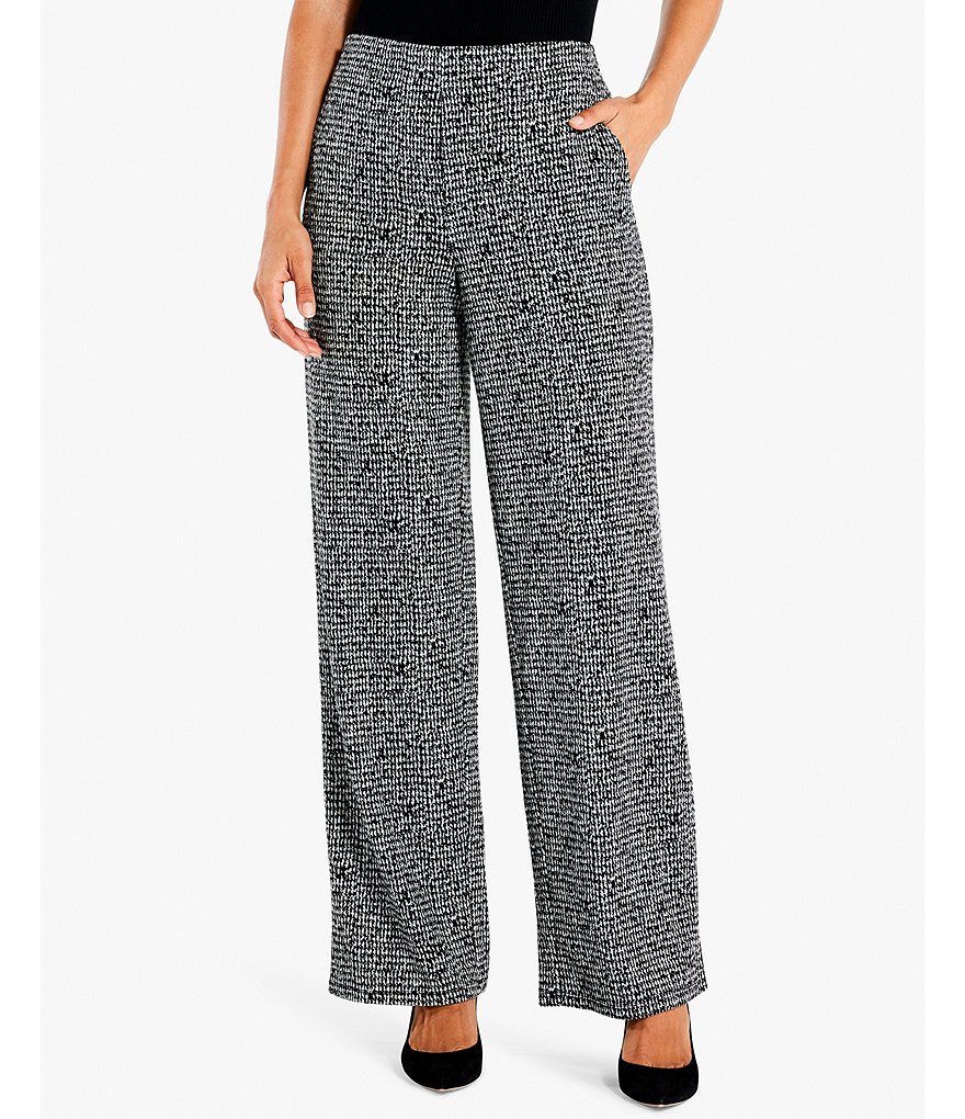 NIC + ZOE Etched Jacquard Tweed Knit Houndstooth Print Wide Leg Pull-On  Pants