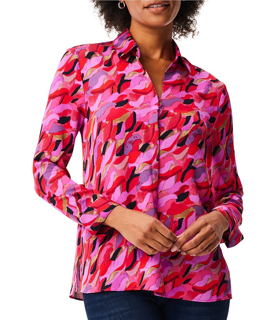 NIC + ZOE Petal Splash Print Point Collar Long Sleeve Button-Front Blouse