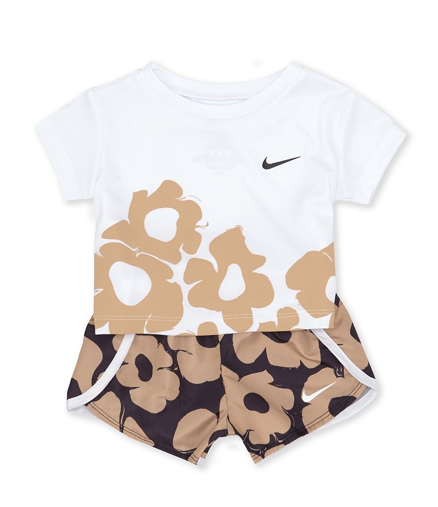 Nike Baby Girls 12-24 Months Short-Sleeve Floral-Border-Hem Interlock  T-Shirt & Floral-Printed Microfiber Shorts Set