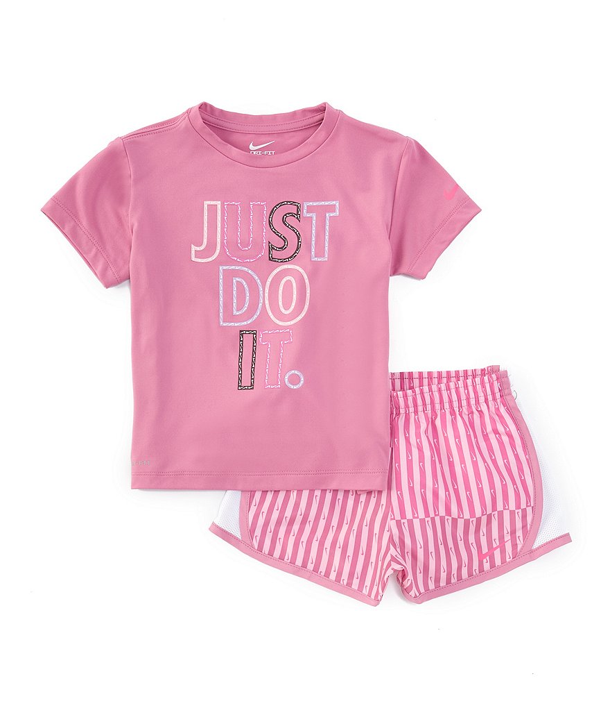 Nike Little Girls 2T 6X Short Sleeve Just Do It Femme Pop Jersey T Shirt Printed Microfiber Tempo Shorts Set