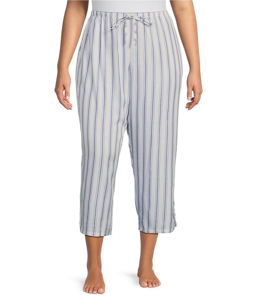 Nottibianche Plus Size Striped Drawstring Tie Coordinating Woven Capri Pant