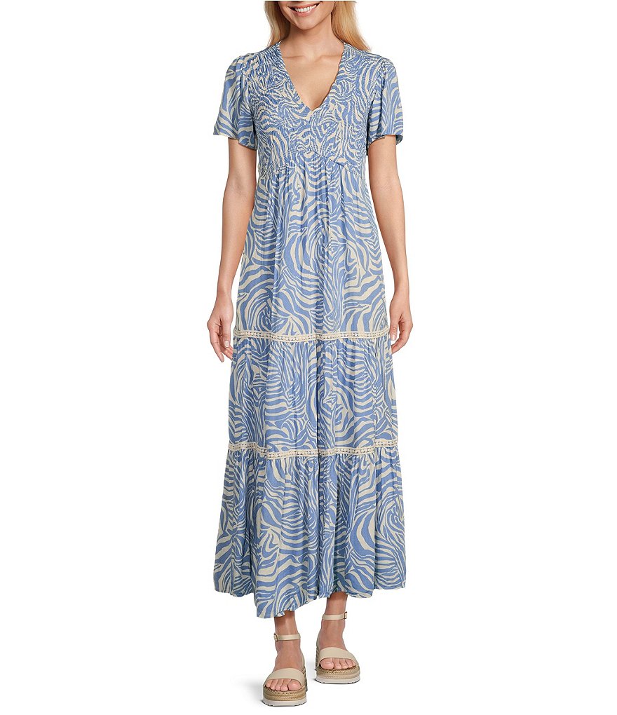 Nurture by Westbound Tiered Short Sleeve Smocked Abstract Maxi Dress ...