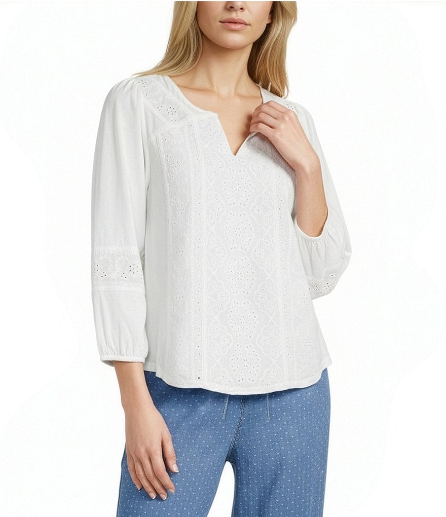 Nurture Embroidered 3/4 Sleeve V-Neck Top | Dillard's