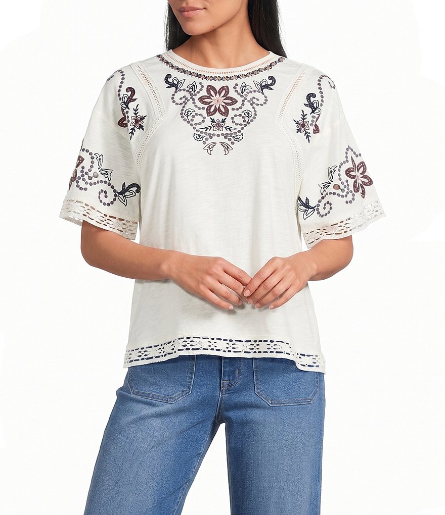 Embroidered Drop Shoulder Knit Top