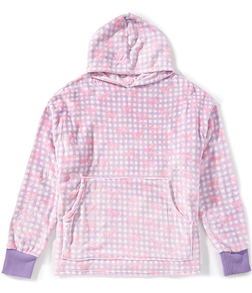 Omg! Accessories Big Girls Gingham Bow Printed Oversized Pullover Hoodie