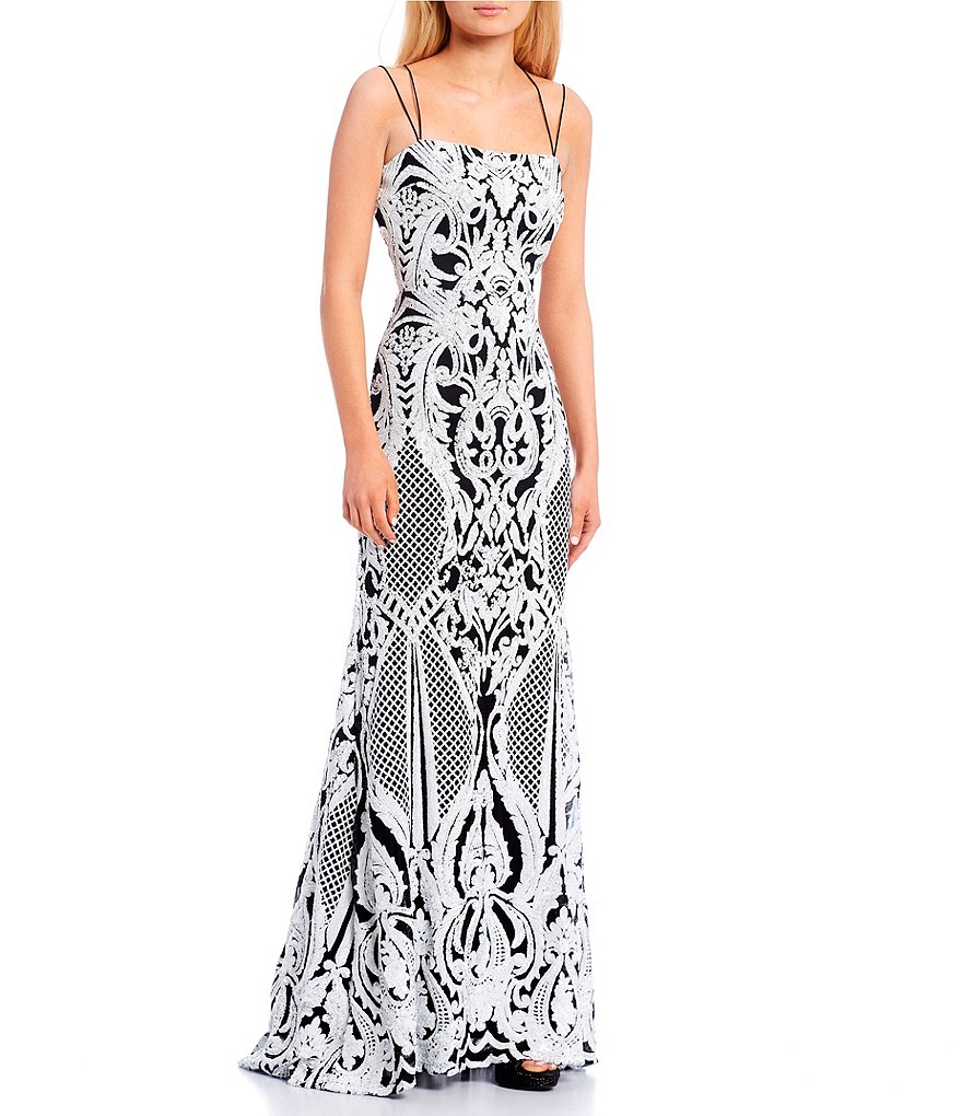 Pattern Sequin Bungee Strappy Back Long Dress Dillard's