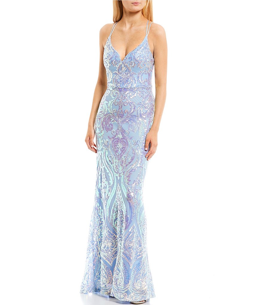 Pattern Sequin Strappy Back Long Dress | Dillard's