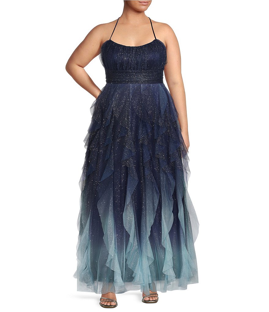 Pear Culture Plus Glitter Ombre Corkscrew Tulle Long Dress | Dillard's