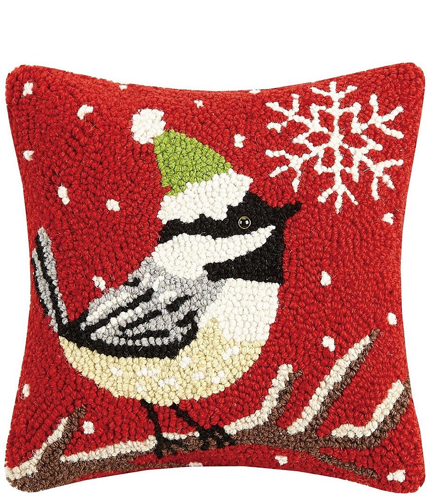 Peking Handicraft Chickadee with Snowflake Wool Hook Square Pillow