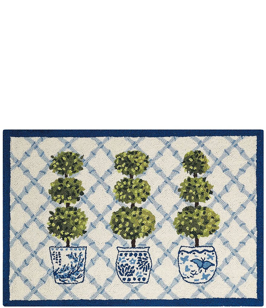 Peking Handicraft Chinoiserie Topiary With Blue Trim Hooked Rug