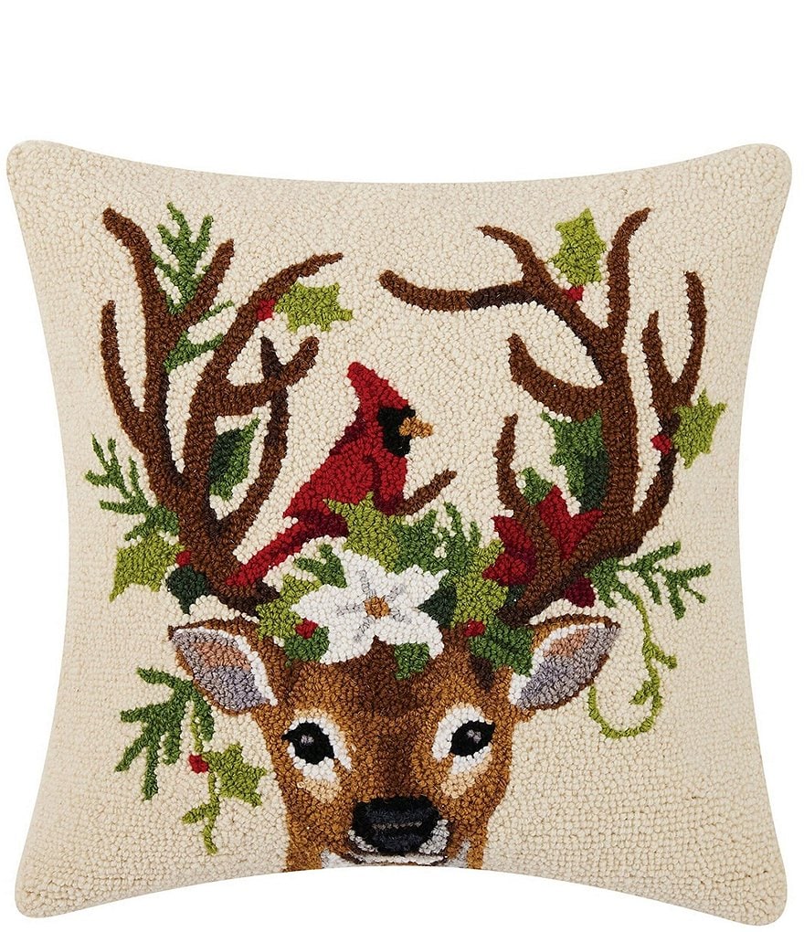 Peking Handicraft Reindeer and Cardinal Wool Hook Square Pillow
