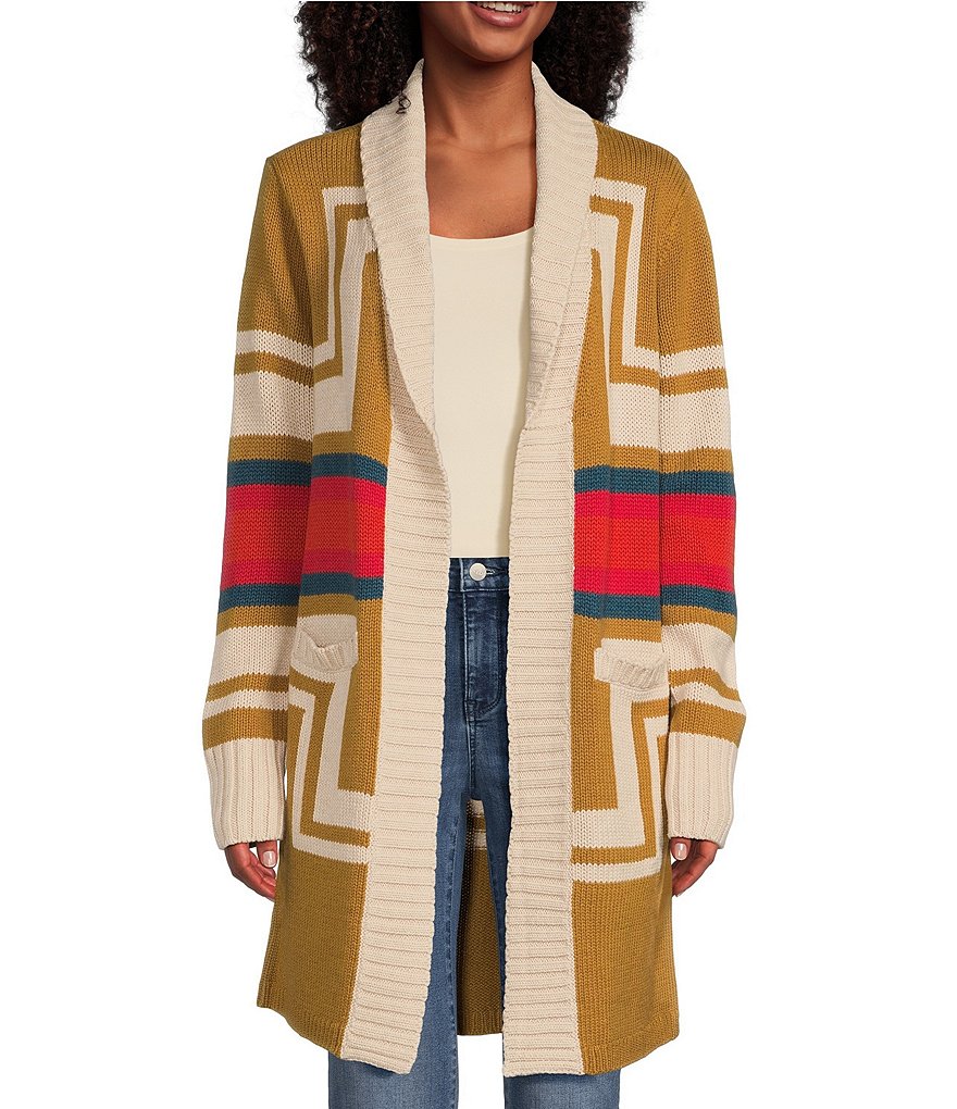 Pendleton Geometric Pattern Shawl Collar Long Sleeve Merino Wool Harding  Open Front Cardigan