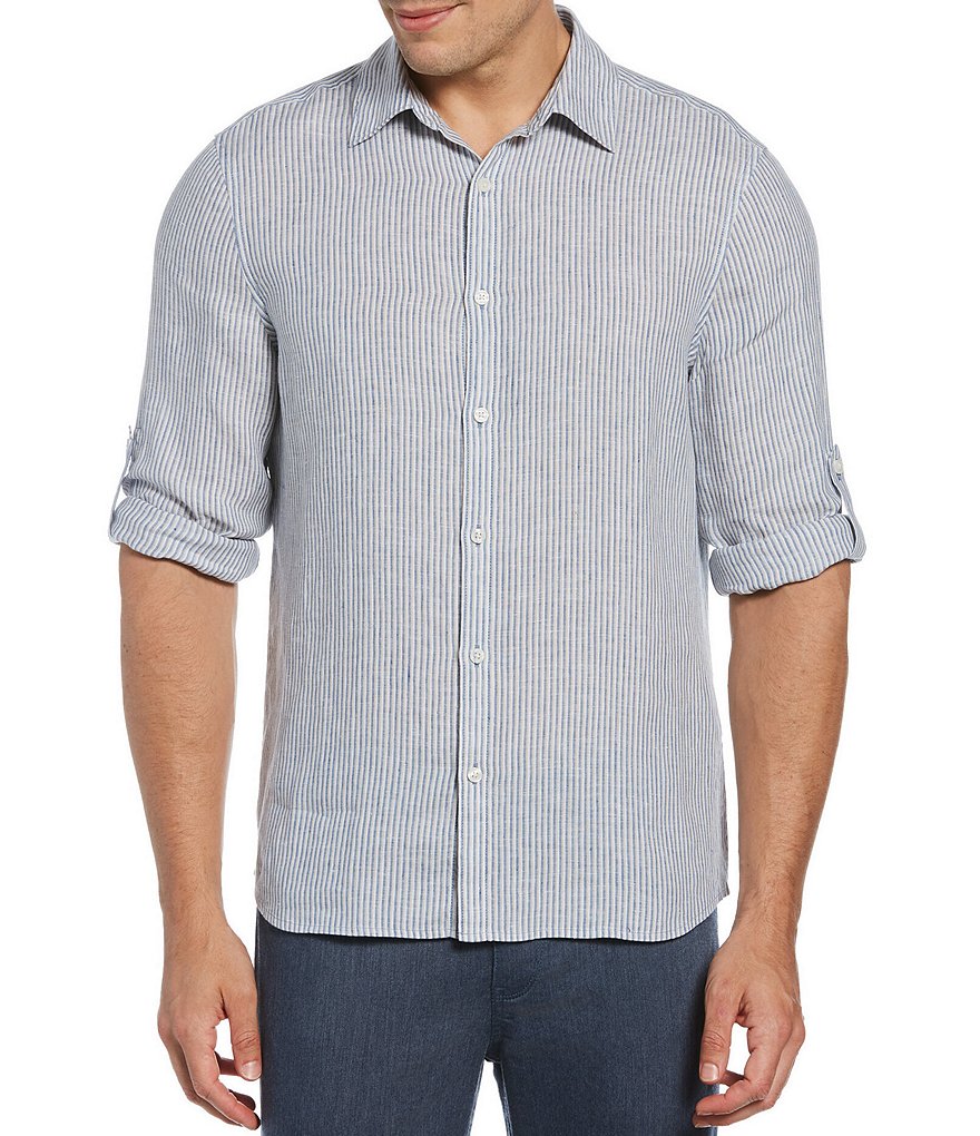 Perry Ellis Big & Tall Tri-Color Stripe Linen Long-Sleeve Woven Shirt ...