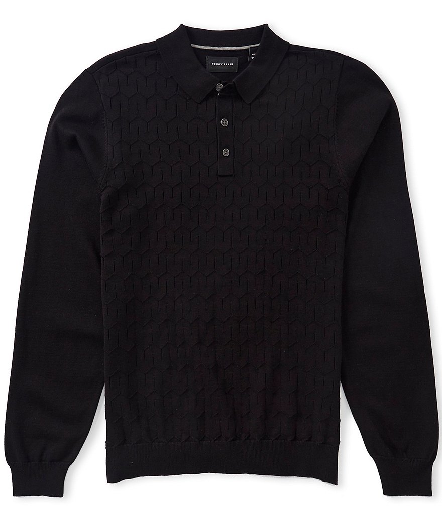 Textured Long Sleeve Sweater Polo Shirt