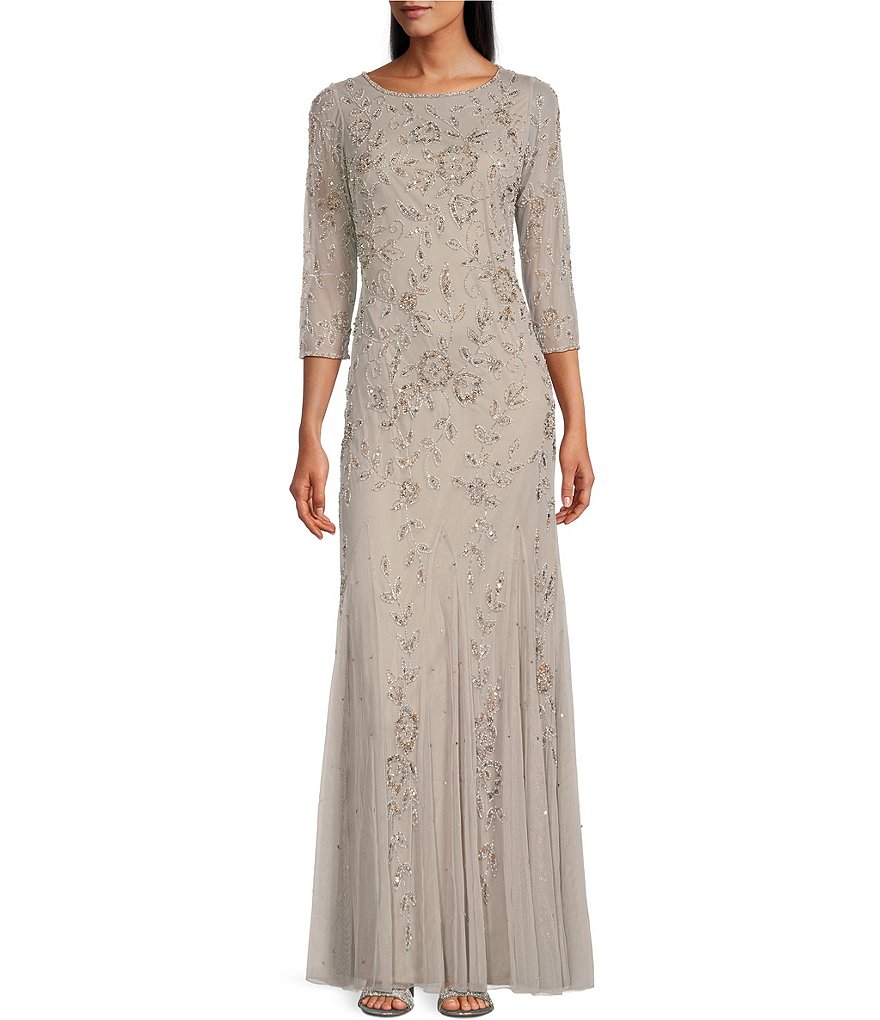 Pisarro Nights 3/4 Sleeve Crew Neck Long Beaded Godet Gown | Dillard's