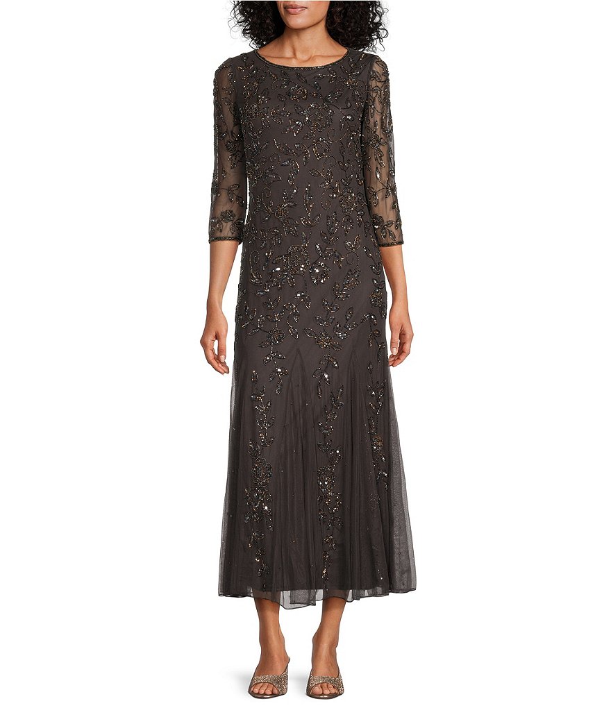 Pisarro Nights 3/4 Sleeve Crew Neck Long Beaded Godet Gown | Dillard's